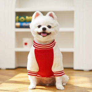 Detail of red and white striped baseball style fleece pet sweater for small dogs