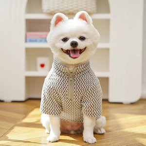 Detail of pet knitted vest with gray chevron pattern and half-zip high collar closure
