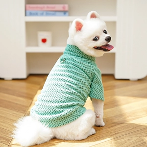 Close-up of mint green knit pet sweater featuring wavy texture and a metal D-ring attachment
