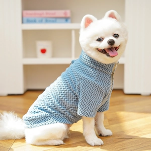 Detail of grey-blue herringbone knit dog coat with sturdy zipper and metal D-ring attachment