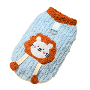 Fleece pet winter vest in light blue with lion embroidery and metal D-ring for leash