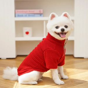 Close-up of red herringbone knit dog sweater with high collar and front zipper detail