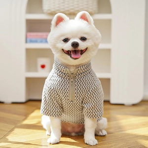 Detail of grey herringbone knit pet sweater with metal zipper on a small dog