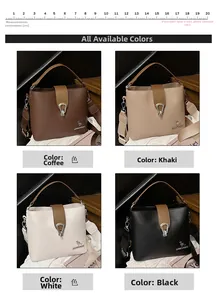 Detail showing high-end bucket bags in coffee, khaki, white, and black with wide straps