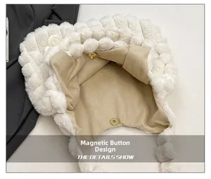 Detail of plush tote bag featuring secure golden magnetic snap closure and soft fabric lining