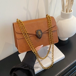 Women Crossbody Bag PU Leather Litchi Texture Lion Head Clasp Metal Chain Strap Retro Fashion Square Flap Shoulder Bag