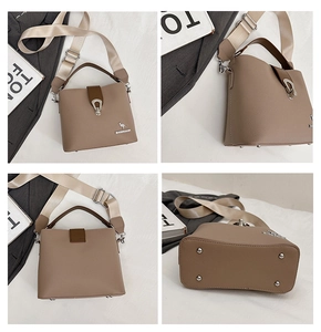 Detailed views of khaki bucket bag showing lychee grain leather and wide strap