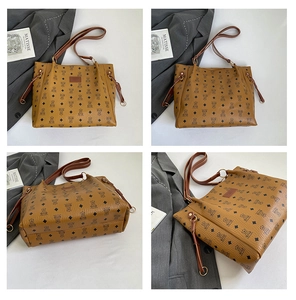 Detailed four-angle view of caramel brown tote bag with bear monogram pattern