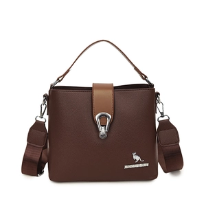 Retro dark brown pebbled leather bucket bag with silver kangaroo emblem and top handle