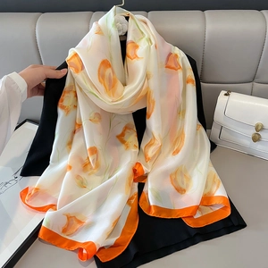 Elegant Tulip Flower Print Scarf Imitation Satin Shawl Sun Protection Beach Wrap Lightweight Satin Neck Kerchief For Women