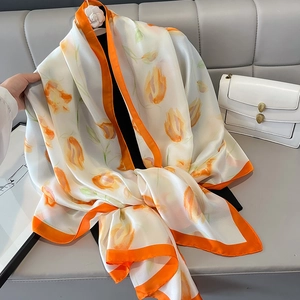 Satin silk tulip floral beach shawl wrap with orange border for sun protection