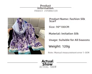 Close-up of 90x180cm purple floral silk scarf detailing premium satin texture and print