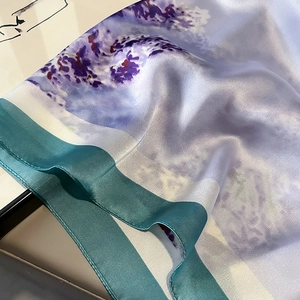 Elegant purple lavender floral faux silk scarf with satin finish and dark teal borders
