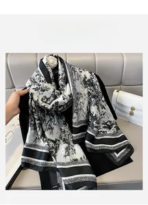 Detail of 100% silk scarf with vintage black and white forest print and brand label