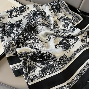 Classic Toile de Jouy print silk scarf with black and white stripes and forest pattern