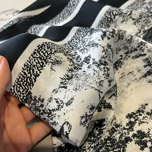 Detailed macro view of retro landscape silk scarf fabric with soft satin finish and stripes
