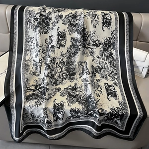 Luxurious black and white silk scarf with exotic Toile de Jouy jungle animal prints