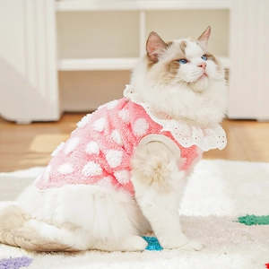 Vue détaillée du gilet rose pour chat avec pois blancs et col en dentelle fine