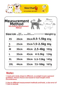 Detailed pet clothing size chart with XS-2XL dimensions for dogs and cats