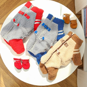 Detail of fleece dog coats with zippers, D-rings, and matching boots in three colors