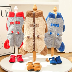 Winter double-sided fleece pet jumpsuit set with leash D-ring and matching dog boots