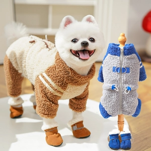 Thick fleece dog jumpsuit with zipper and matching shoes for autumn and winter outdoor