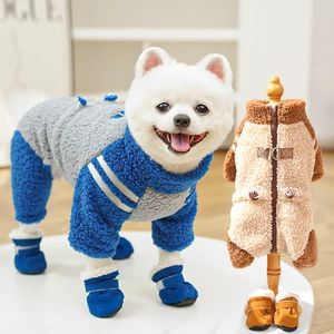 Thick warm fleece pet jumpsuit and matching boots set for dogs in winter season