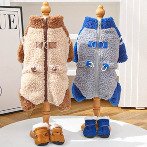 Detail of plush pet winter jumpsuit with fleece lining, zipper, and matching booties