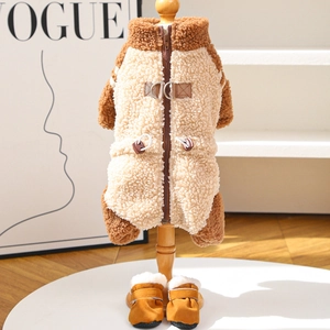 Detailed view of fleece dog vest with zipper, D-ring and matching plush booties