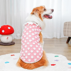 Close-up of pink polka dot dog vest with lace collar detail and metal leash D-ring