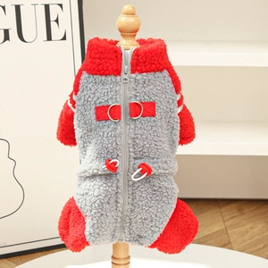 Detail of gray and red fleece dog jumpsuit with D-ring harness and zipper closure