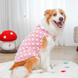 Pink dog vest with white polka dots and lace collar detail for pets in home setting