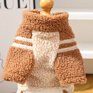 Detail of fleece pet hoodie with sporty stripes and warm thick lamb velvet texture