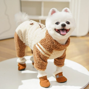 Detail of warm beige pet fleece jumpsuit with zipper and matching brown booties