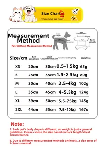 Detailed size chart for pet winter fleece jumpsuit with chest and back length measurements
