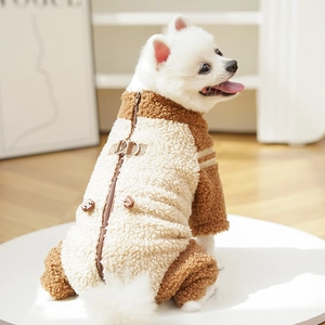 Close-up of sherpa fleece dog jumpsuit with back zipper and built-in D-ring attachment