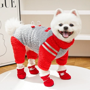 Detail of dog winter fleece jacket with reflective strips and non-slip pet boots