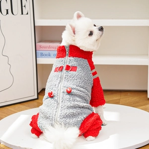 Detail of dog fleece jumpsuit featuring back zipper, D-ring and adjustable drawstrings