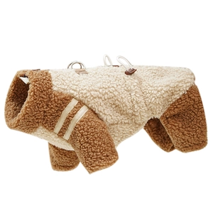 Detail of a fleece dog coat with back metal leash ring and adjustable drawstrings