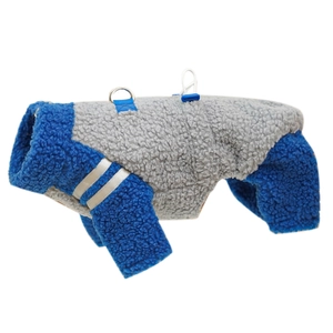 Close-up of thick sherpa fleece dog jumpsuit with reflective stripes and D-ring