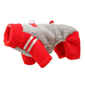 Detail of red and grey winter pet coat with reflective strip and metal D-ring attachment