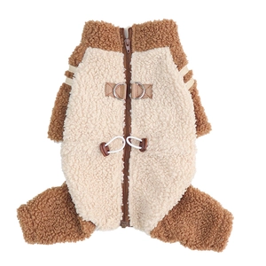 Thick winter dog fleece jumpsuit with back zipper and dual metal D-rings in brown