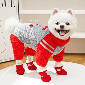 Detail of warm lamb wool pet onesie with reflective strips and drawstring buckle