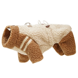 Detail view of winter pet fleece vest with metal D-ring for leash and contrast colors