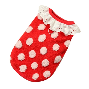 Red plush dog dress with white polka dots, lace collar and D-ring for leash attachment