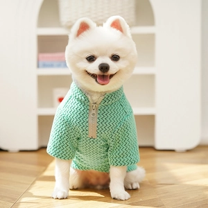 Detail of mint green pet sweater showing V-shaped knit texture and silver zipper