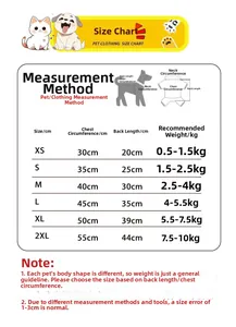 Size chart for pet Tang suit clothes showing back length, chest and neck measurements
