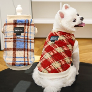 Warm plaid fleece pet vest for small dogs and cats featuring a metal D-ring leash attachment