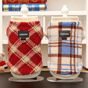 Plaid fleece pet vest for dogs and cats with warm woolly fabric and metal D-ring leash attachment