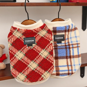 Plaid Pet Dog Cat Vest Thick Sherpa Fleece Warm Winter Clothes With Leash D-Ring Fashion Patch For Dogs Cats